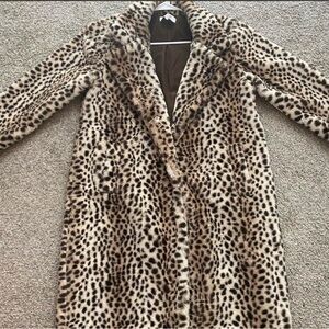 Brown and White Cheetah Print Faux Fur Coat Size M